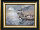 an oil painting of a sailboat in a harbor with other boats in the water