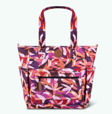 a multicolored tote bag on a white background
