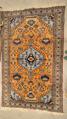 un tapis oriental orange et bleu posé sur un sol blanc, à côté d'une plante verte