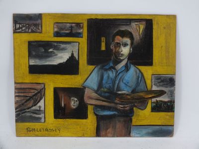 tableau représentant un homme tenant un plateau de nourriture devant un mur jaune