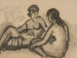 drawing of two women sitting on the ground, one of them is holding her leg up