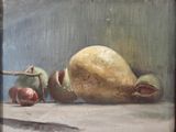 a painting of a pear and two apples on a table