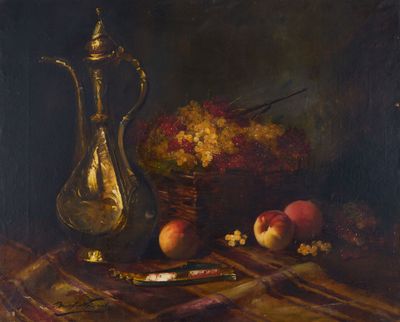 tableau représentant une nature morte avec une théière en argent, des pêches et un couteau
