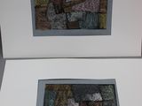 two framed pictures of a man and a woman sitting on a bench