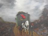 a painting of a horse drawn carriage on a dirt road
