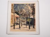 an image of a painting of a street scene with a telephone booth
