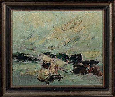 une peinture à l'huile représentant un troupeau de vaches dans un champ