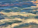 an oil painting of a sailboat on the water near a beach