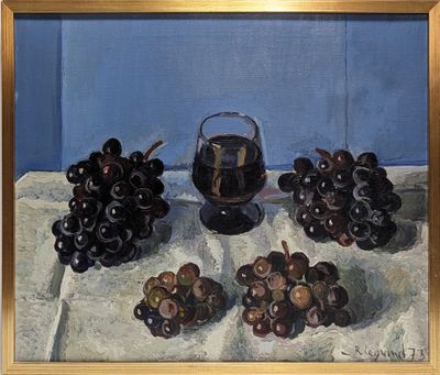 une peinture de raisins et d'un verre de vin sur une table