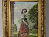 an oil painting of a woman in a red dress in a gold frame