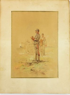 une vieille photo représentant un homme en uniforme debout dans un champ