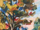 a painting of a tree in the middle of a field