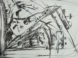 a black and white drawing of a street sign on the side of the road