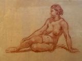 drawing of a nude woman sitting on the ground with her legs crossed