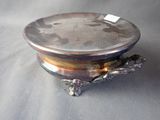 a silver plate with a turtle on it sitting on a table
