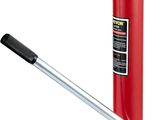 a red hydraulic bottle jack with a handle on a white background