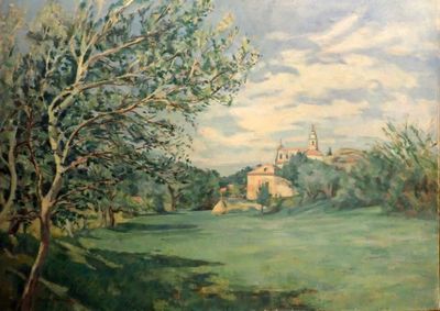 a painting of a landscape with a church in the distance