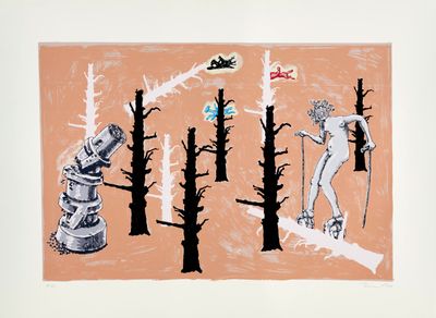 a drawing of a man on skis in the woods