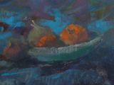 a painting of a bowl of fruit on a table