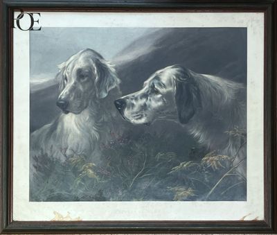 tableau représentant deux chiens qui se regardent dans un champ
