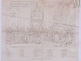 a drawing of a large group of people standing in front of a stage