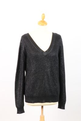 KAREN MILLEN - Pull à col V en maille de coton noir.