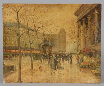 tableau représentant une scène de rue en ville avec des passants marchant sous la pluie