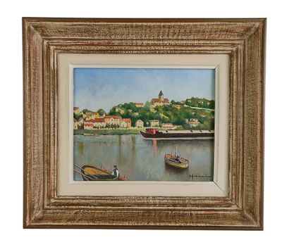 une peinture à l'huile représentant une scène fluviale avec des bateaux sur l'eau