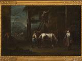 une image représentant un tableau d'un homme à cheval dans une écurie