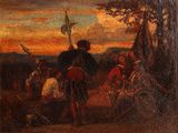 an image of a painting of a man on a horse in a field