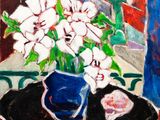 a painting of flowers in a blue vase on a table