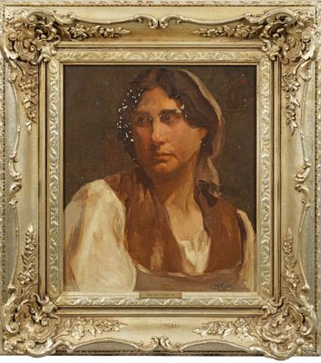 an oil painting of a woman with a veil on her head