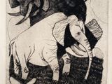 drawing of an elephant and a man in a field of grass