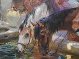 a painting of two horses drinking water from a fountain