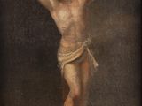 un tableau représentant une personne sur une croix, avec une croix en arrière-plan