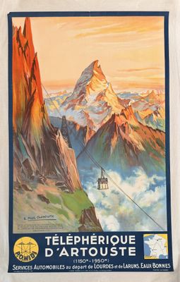 poster of a mountain scene with a gondola lift in the distance