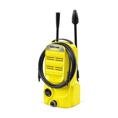 a yellow pressurer on a white background with a hose