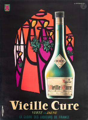 affiche vintage représentant une bouteille de « Vieille Cure » devant un vitrail