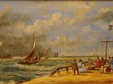 painting of a group of people standing on a beach next to a body of water
