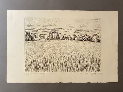 un dessin représentant un champ avec une grange au loin