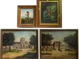 three paintings of a man playing a guitar and a woman playing a guitar