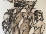 drawing of a group of cats and a woman with a cat mask