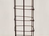 a metal rack with a wooden top on a white surface
