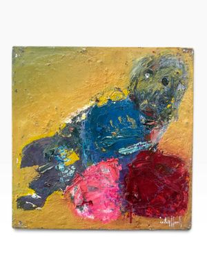 une peinture à l'huile représentant un chien assis sur une pile de beignets