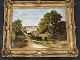 an oil painting of a landscape with a road and trees