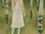 a painting of a woman in a white dress and hat in a field of poppies