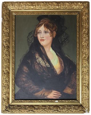 portrait of a woman in a black shawl by a gold frame