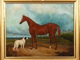 an oil painting of a horse and a dog in a field