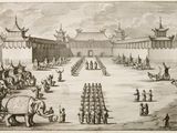 a drawing of a palace with elephants and people in it