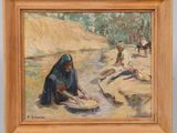 une peinture à l'huile représentant une femme assise par terre au bord d'une rivière